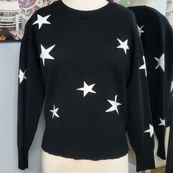 RACHEL ZOE BLACK W/WHITE STARS WARM&THICK CREW NECK SWEATER SZ MEDIUM - Picture 2 of 11